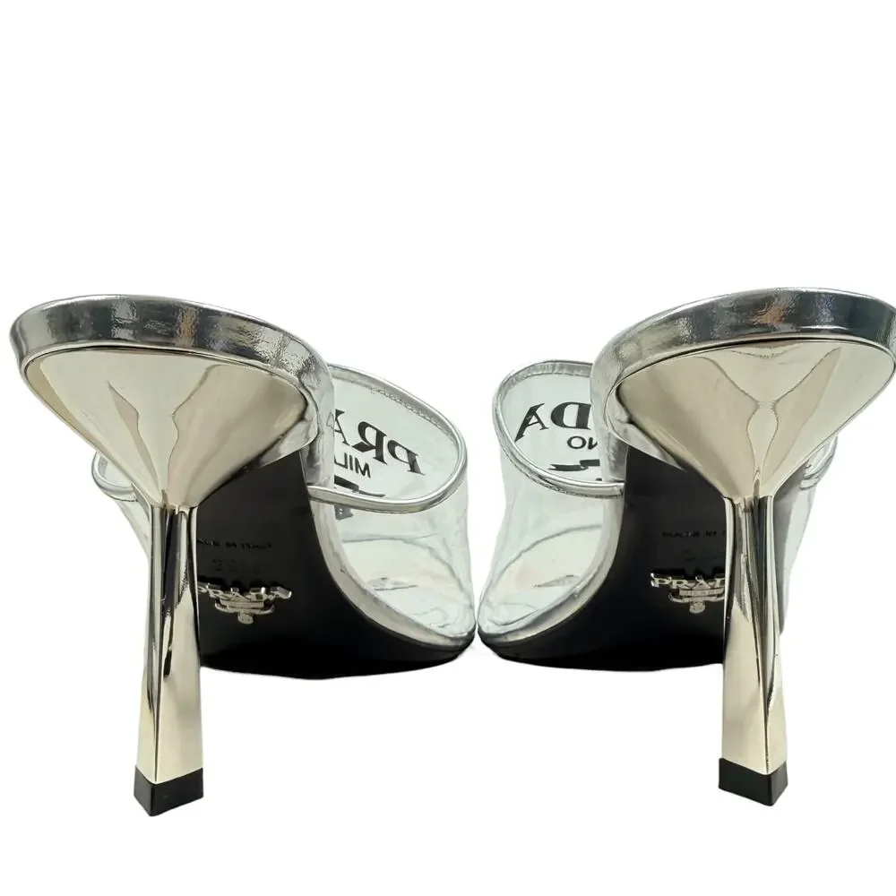 Prada Plex Transparent Pvc Triangle Logo Mule Sandals Silver Size 38.5 - Picture 5 of 10